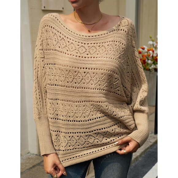 Women’s Apricot Off Shoulder Batwing Crochet Sweater Top, Fall Trendy - Picture 4 of 6